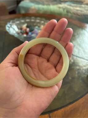 Green Jade Bangle with Amber Accent 
Size 7-3/4